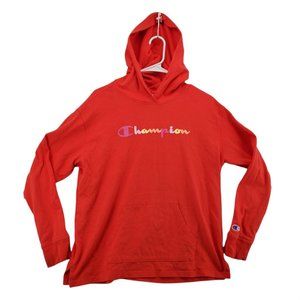 Champion Top Women's Long Sleeve High Neck Hooded T-Shirt Orange Medium